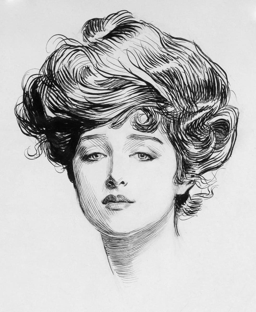 Further archival illustration demonstrating the delicate, escaping tendrils, the immense crown volume, and the interaction with the S-bend silhouette.