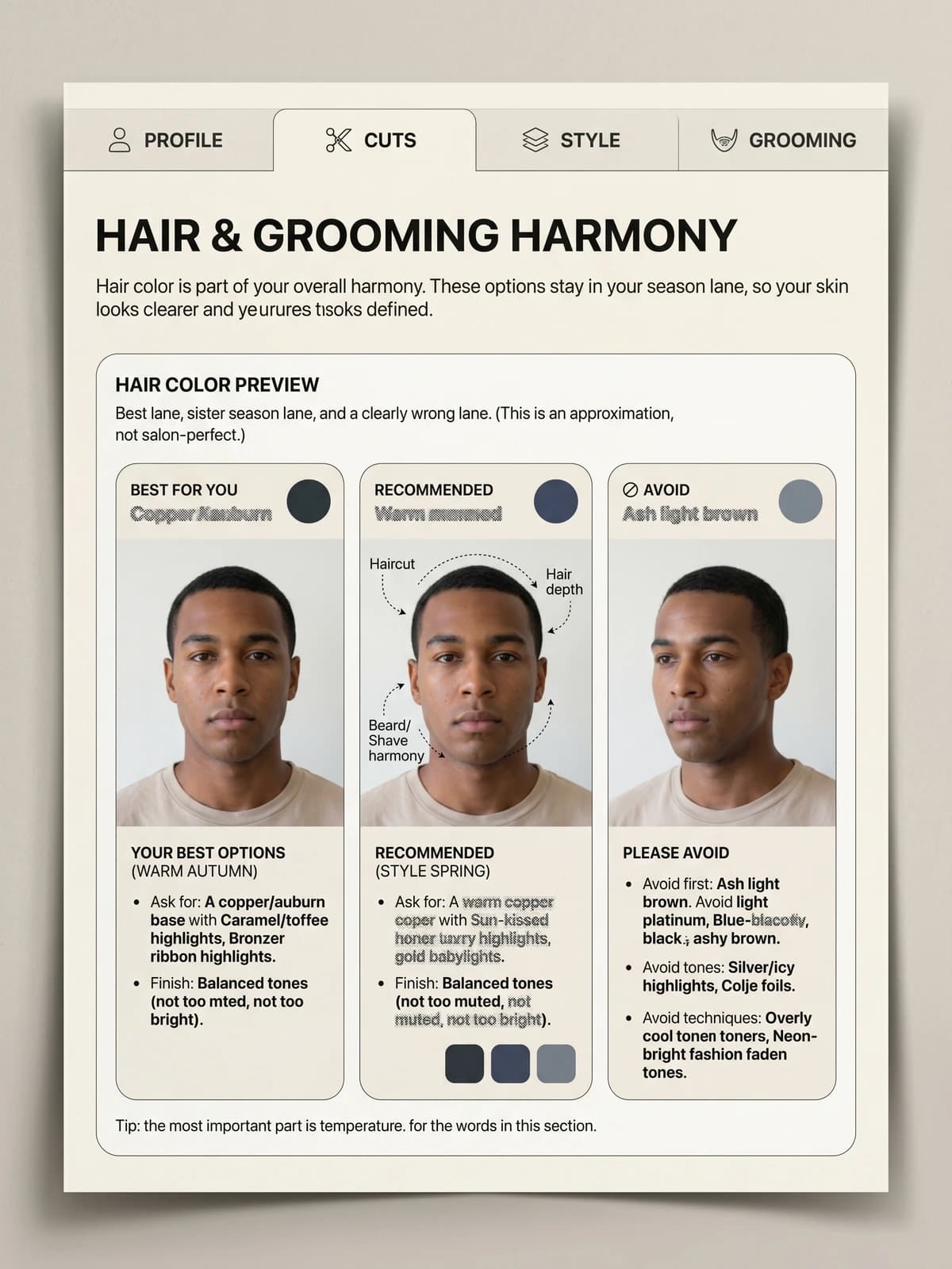 Men's auraDNA dossier preview showing grooming and hair direction.