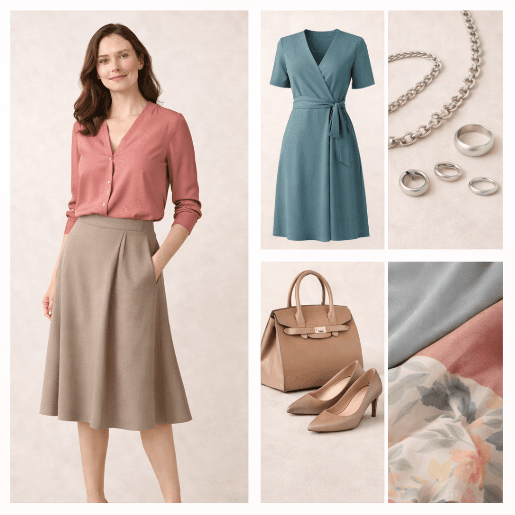 Women's seasonal color guidance preview with coordinated clothing and beauty direction.