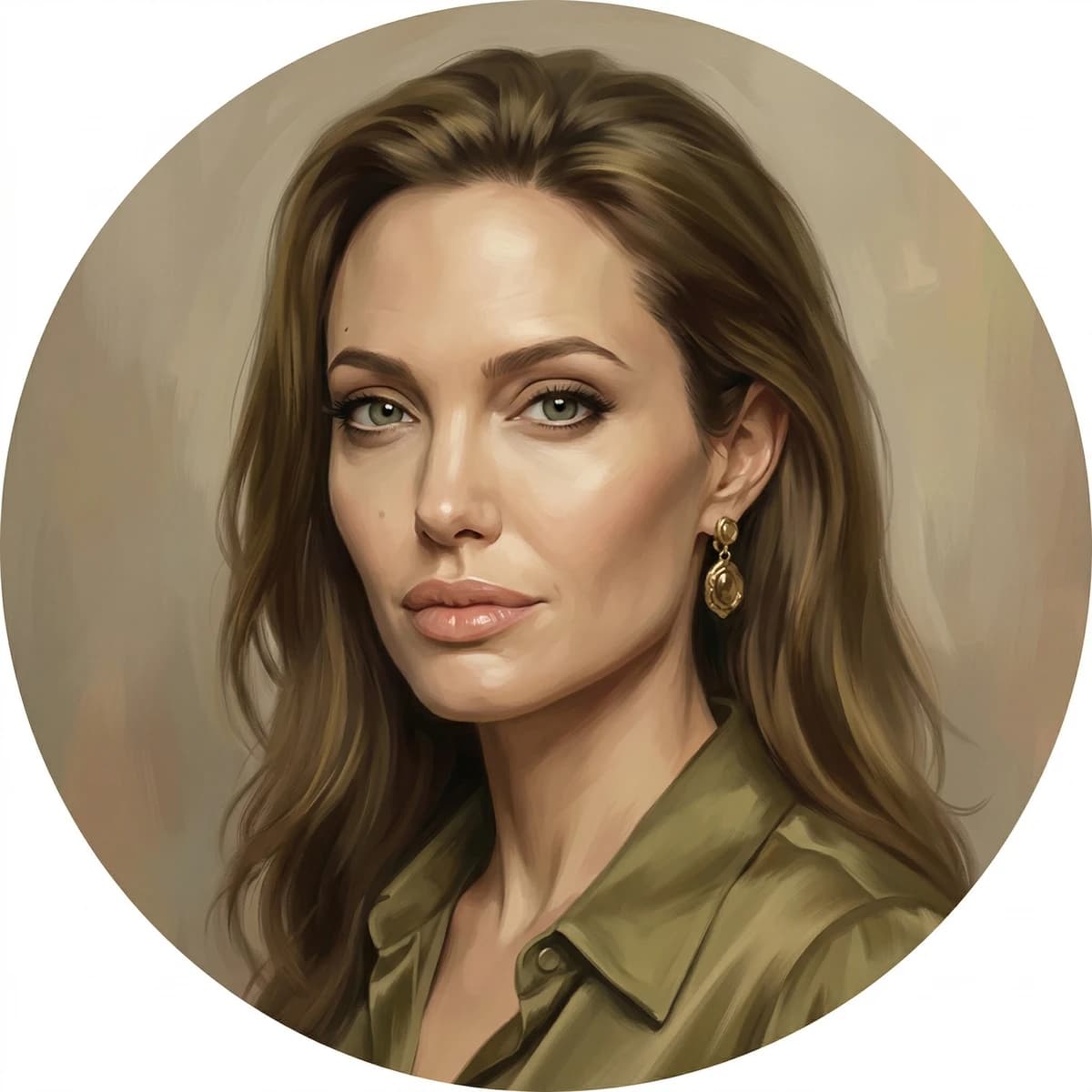 Season-aligned style icon portrait in muted olive and gold tones