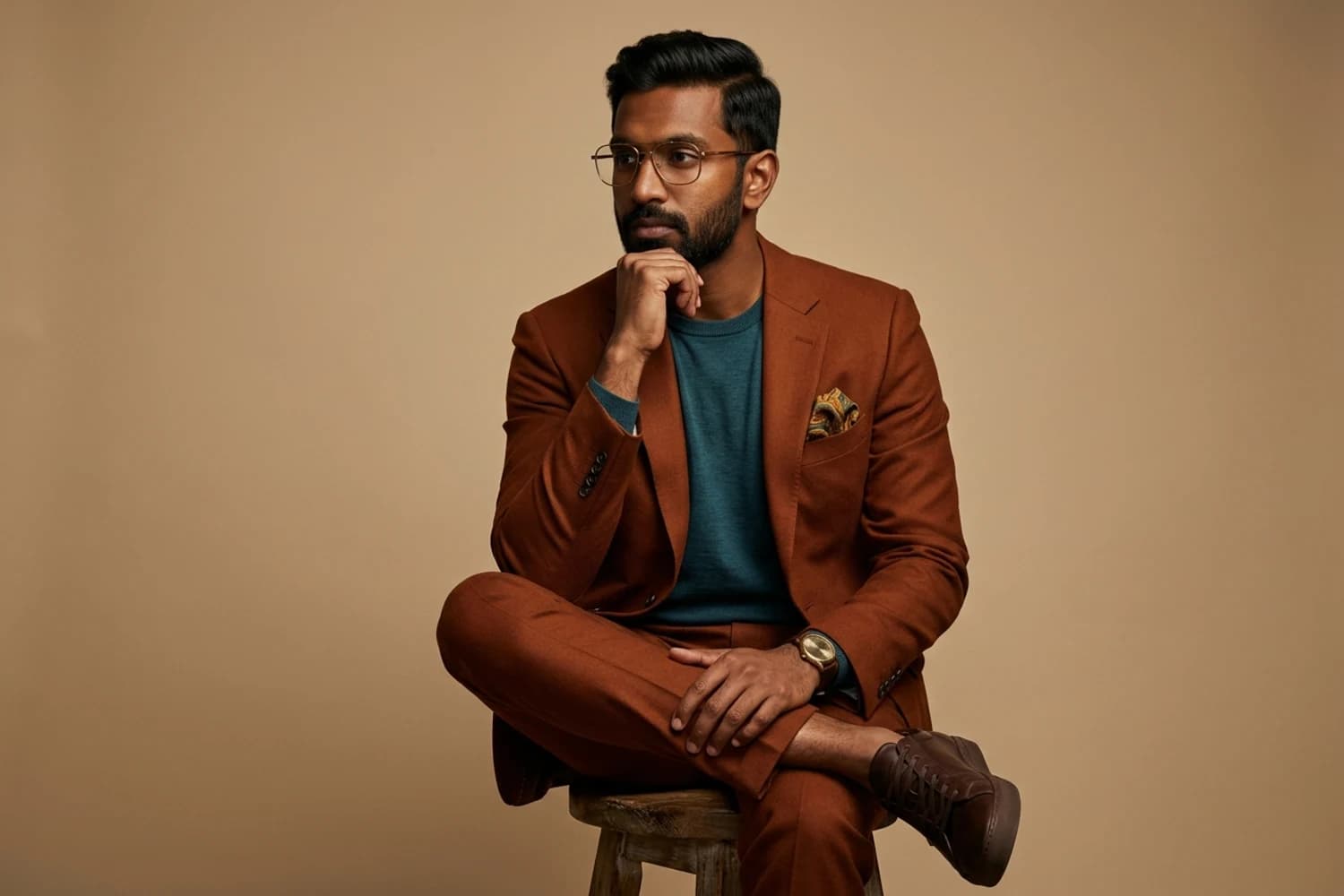 Pensive man seated on a stool in a dramatic studio portrait